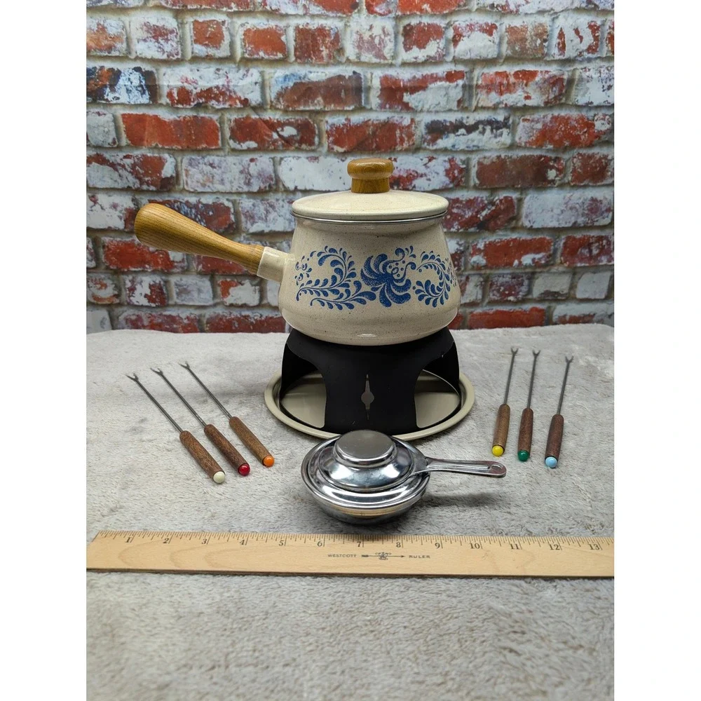Vintage 12 Piece Fondue Set Blue Floral Speckled Enamel Pot Wooden Handle Forks